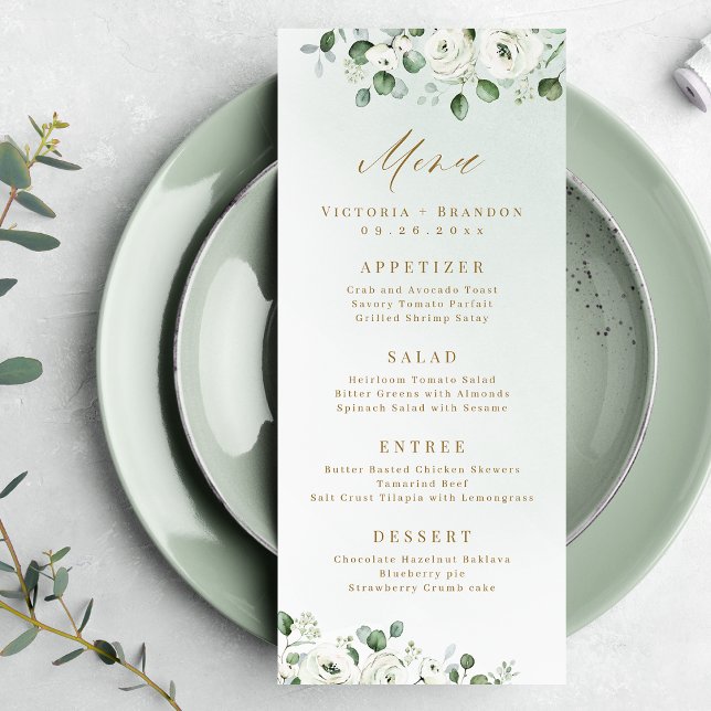 Eukalyptus Grüne weiße Blütenhochzeit Menükarte (Eucalyptus Greenery white floral rustic wedding Menu)