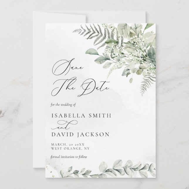 Eukalyptus-Grünpflanzen Blättermagen Grün Save The Date (Vorderseite)