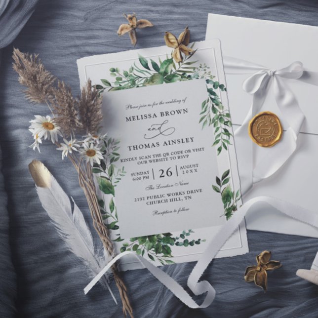 Eukalyptus-Grünrustikale Budget-QR-Code-Hochzeit Einladung (Von Creator hochgeladen)
