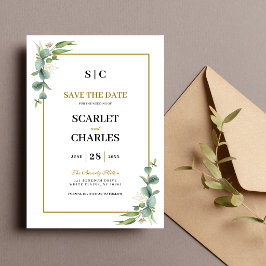 Eukalyptus-Grünzeug geometrische florale Hochzeit Save The Date