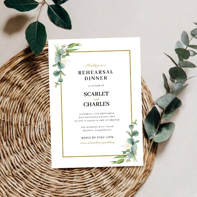Eukalyptus-Grünzeug-Geometrisches Probedinner Einladung (Eucalyptus greenery geometric rehearsal dinner invitation welcomes guests with modern elegance.)