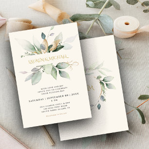 Eukalyptus-Grünzeug & Gold Beige Hochzeits-Einladu Einladung