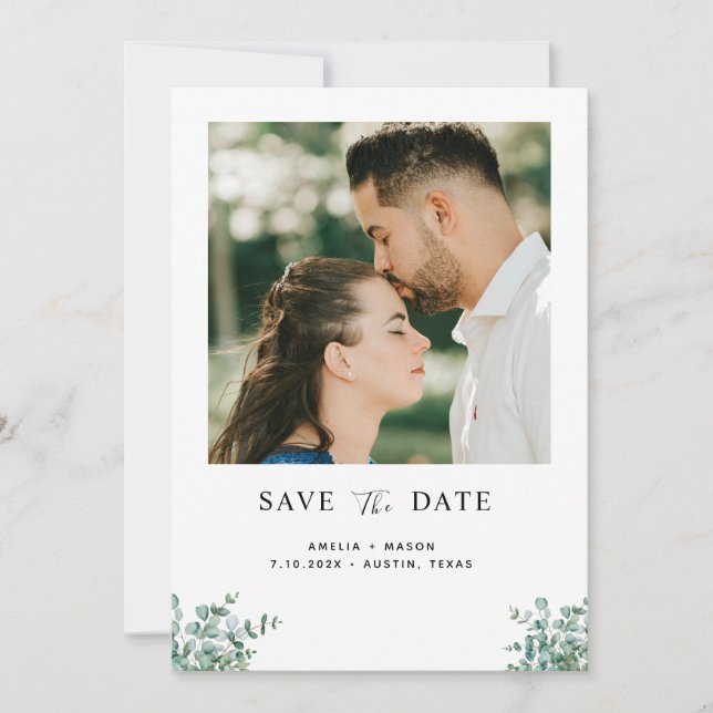 Eukalyptus-Grünzeug-Hochzeit Save The Date (Vorderseite)