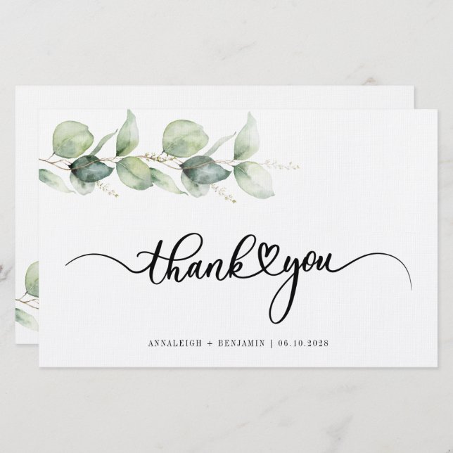 Eukalyptus Hand Lettered Wedding Danke Briefpapier (Vorne/Hinten)