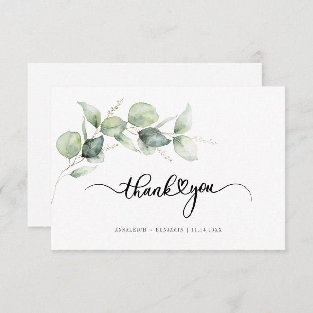 Eukalyptus Hand Lettered Wedding Dankeschön Card Mitteilungskarte (Vorne/Hinten)