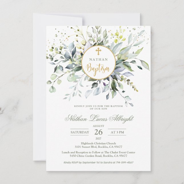 Eukalyptus Herbal Cross Baby-Taufe Einladung (Vorderseite)