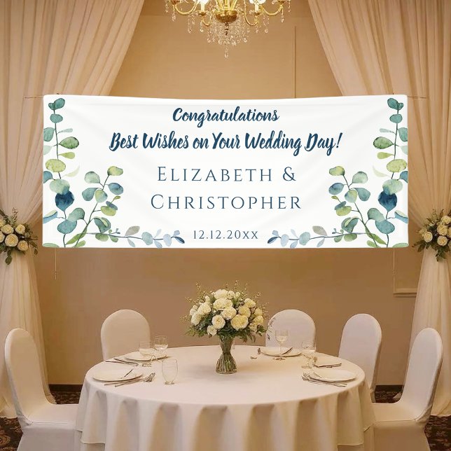 Eukalyptus Herzlichen Glückwunsch Verheiratet Hoch Banner (Elegant wedding banner with romantic script, soft florals, and custom names set on a white backgroun)
