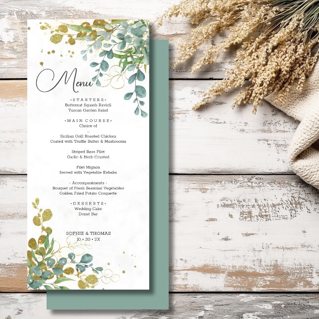 Eukalyptus-Hochzeit in Grün und Gold Menükarte (Von Creator hochgeladen)