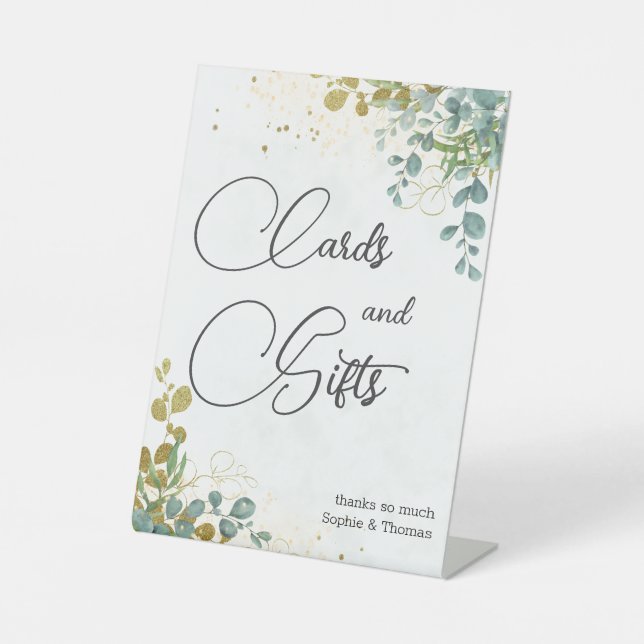 Eukalyptus-Hochzeit in Grün und Gold Sockelschild (Vorderseite)