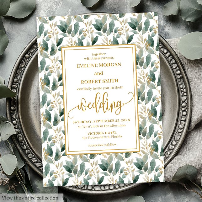 Eukalyptus-Hochzeit in tiefgrünem Gold: Elegant Einladung (Romantic Dark Green Gold Foliage Wedding Invitation)