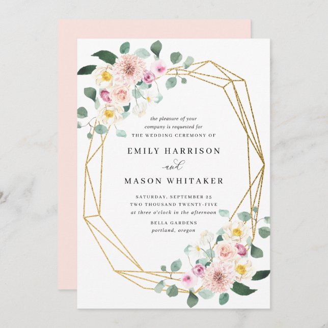 Eukalyptus-Hochzeit mit Blütenrosa und Lila Bläsch Einladung (Vorne/Hinten)