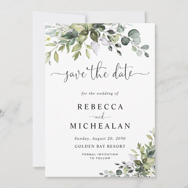 Eukalyptus-Hochzeit Save The Date Einladung (Vorderseite)
