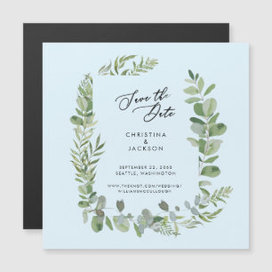 Eukalyptus-Hochzeit-Save-the-Date Eisblau Magneteinladung