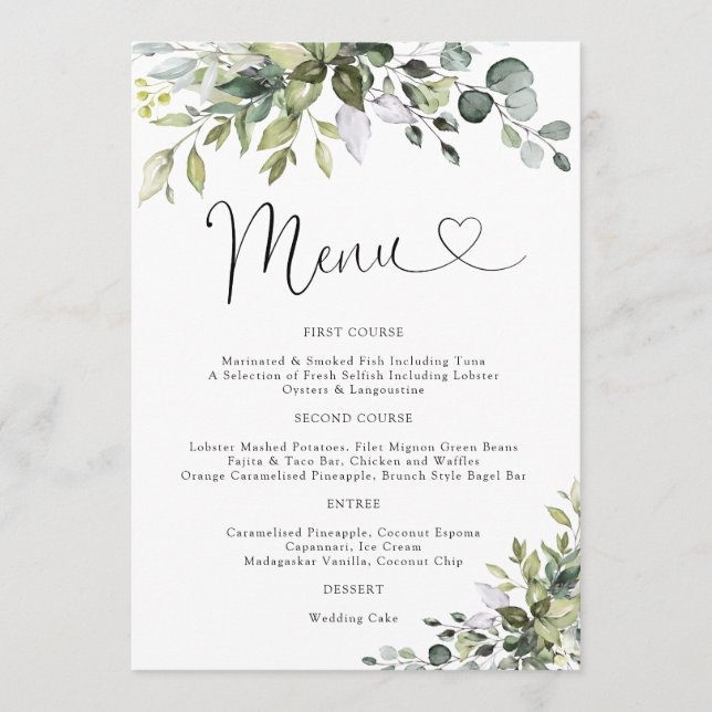 Eukalyptus-Hochzeitsmenü Menükarte (Vorderseite)