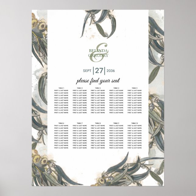 Eukalyptus-Hochzeitstabelle für Wasserfarben Poster (Vorne)