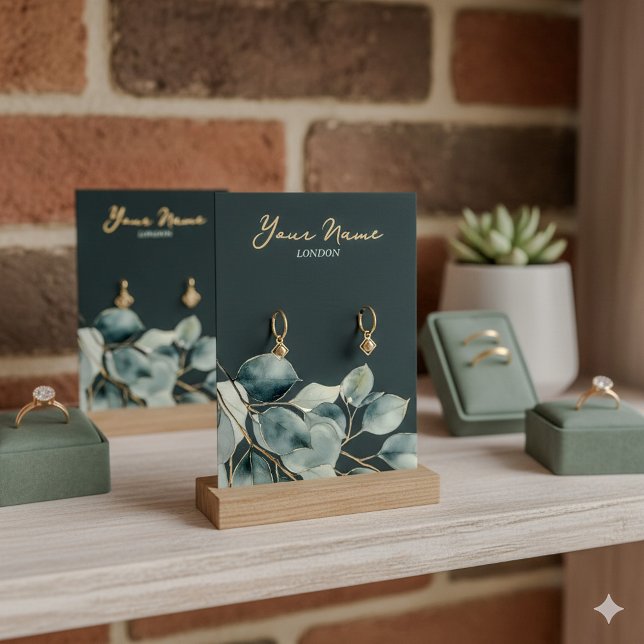 Eukalyptus hübsche Ohrring-Grafikkarte (Elegant earring display card with gold script, watercolor eucalyptus. Modern jewelry presentation.)