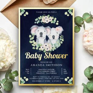 Eukalyptus Koala Bär Zwillinge Navy Babyparty Gold Folieneinladung