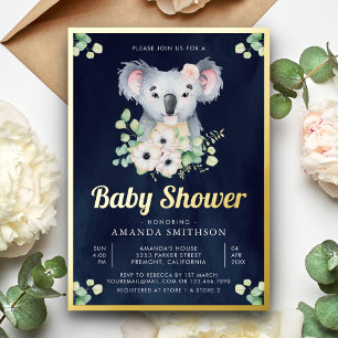 Eukalyptus Koala Girl Navy Baby Dusche Gold Folieneinladung