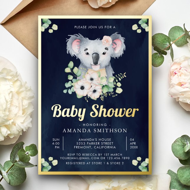 Eukalyptus Koala Girl Navy Baby Dusche Gold Folieneinladung (Von Creator hochgeladen)