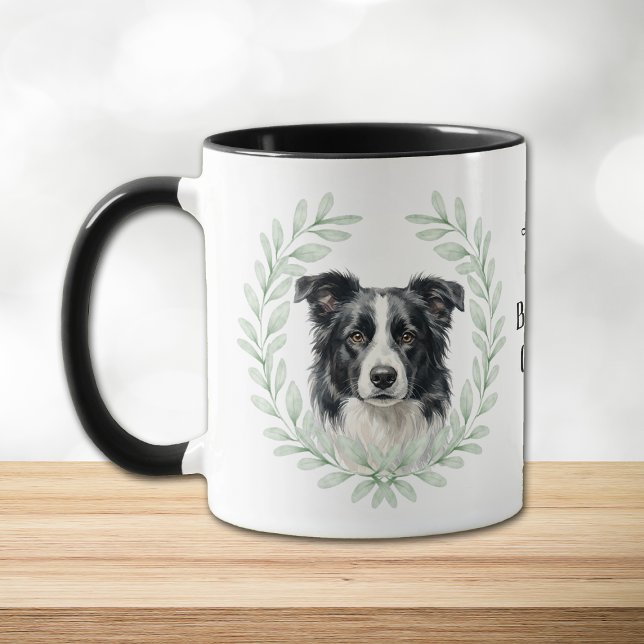 Eukalyptus-Kranz Border Collie Monogramm Tasse (Von Creator hochgeladen)