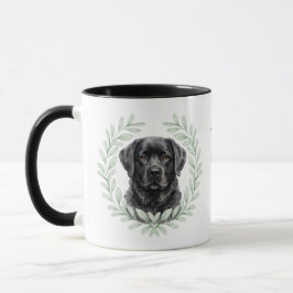 Eukalyptus-Kranz schwarzer Labradorhund-Monogramm Tasse