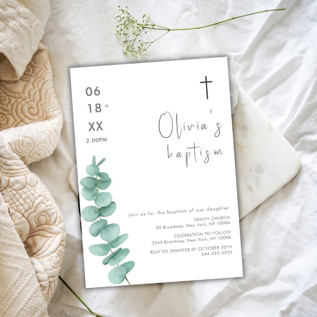 Eukalyptus-Kreuz-Taufe Einladung (Rustic Modern Greenery Eucalyptus Cross Baptism Invitation)