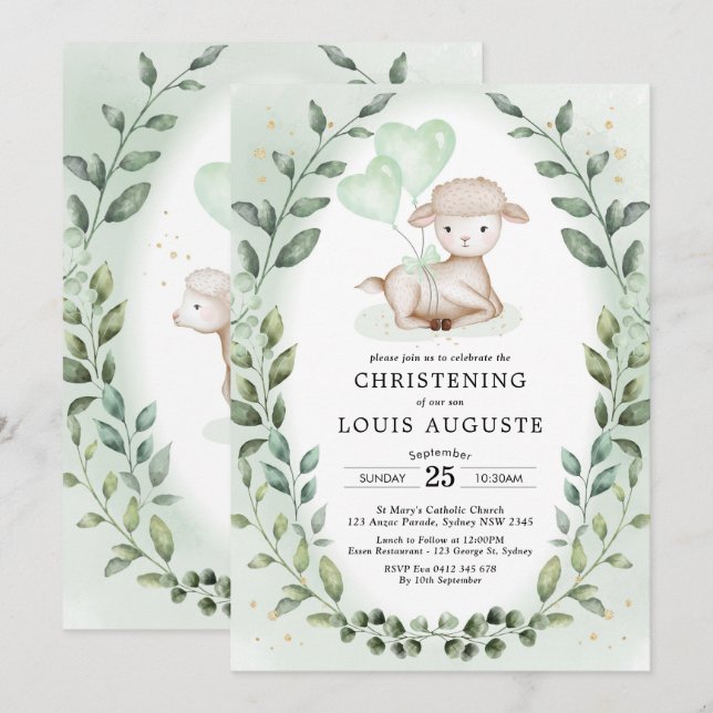 Eukalyptus Lamb Baby Sheep Christening Taufe Einladung (Vorne/Hinten)