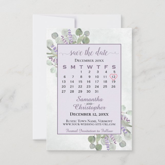 Eukalyptus-Lavendel-Kalender Lila Hochzeit Save The Date (Vorderseite)