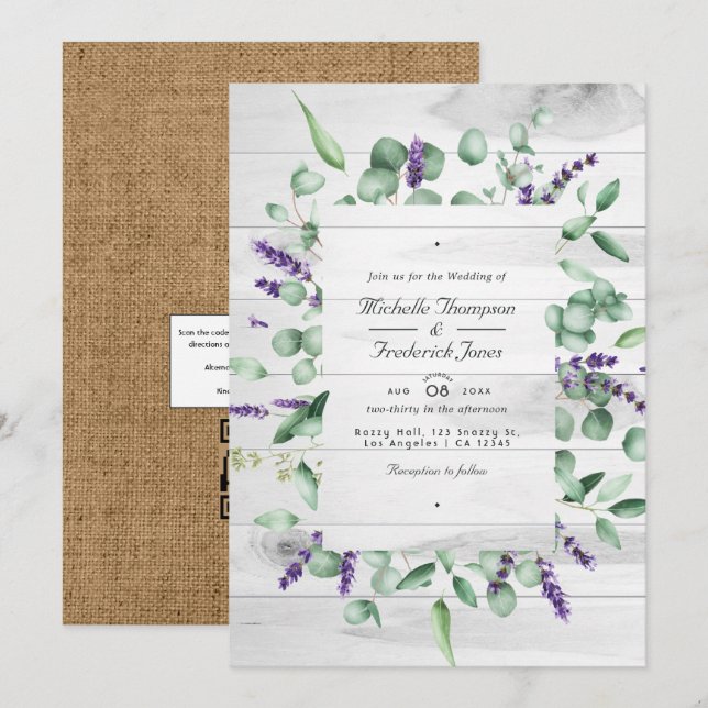 Eukalyptus-Lavendel-Rustikal-QR-Code-RSVP-Hochzeit Einladung (Vorne/Hinten)