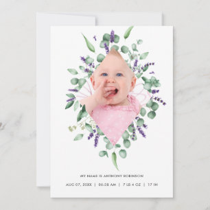 Eukalyptus Lavender Birth Announcement Foto-Karte Ankündigung