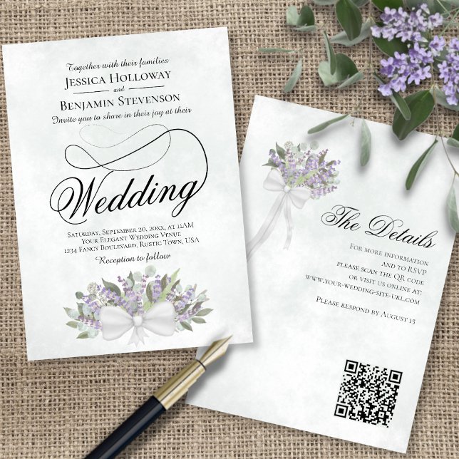 Eukalyptus & Lavender Bouquet QR Code Wedding Einladung (Front/Back)