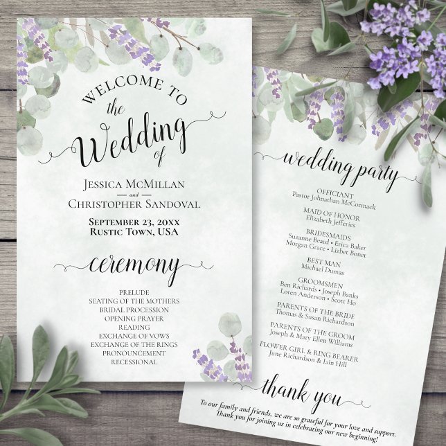 Eukalyptus & Lavender Budget Wedding Programm (Front and Back)