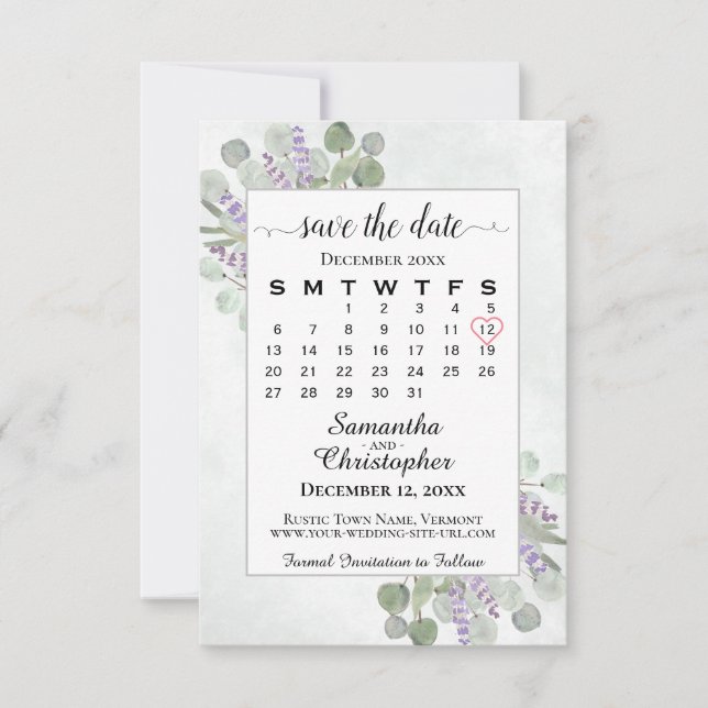 Eukalyptus lavender Calendar White Wedding Save The Date (Vorderseite)