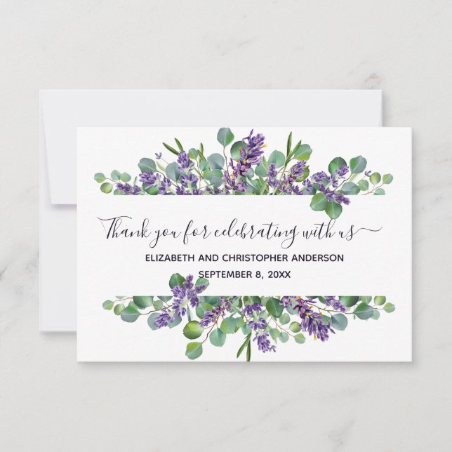 Eukalyptus Lavender Calligraphy Wedding Dankeskarte (Vorderseite)