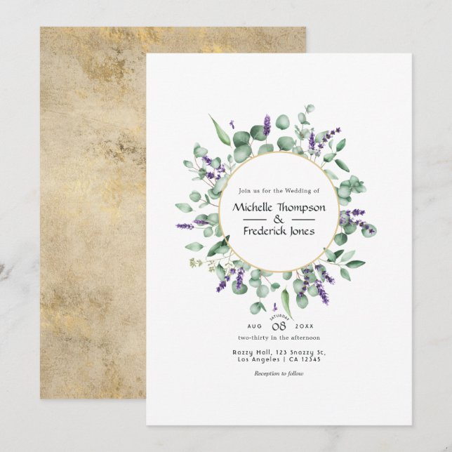Eukalyptus Lavender Geometric Gold Wedding Einladung (Vorne/Hinten)