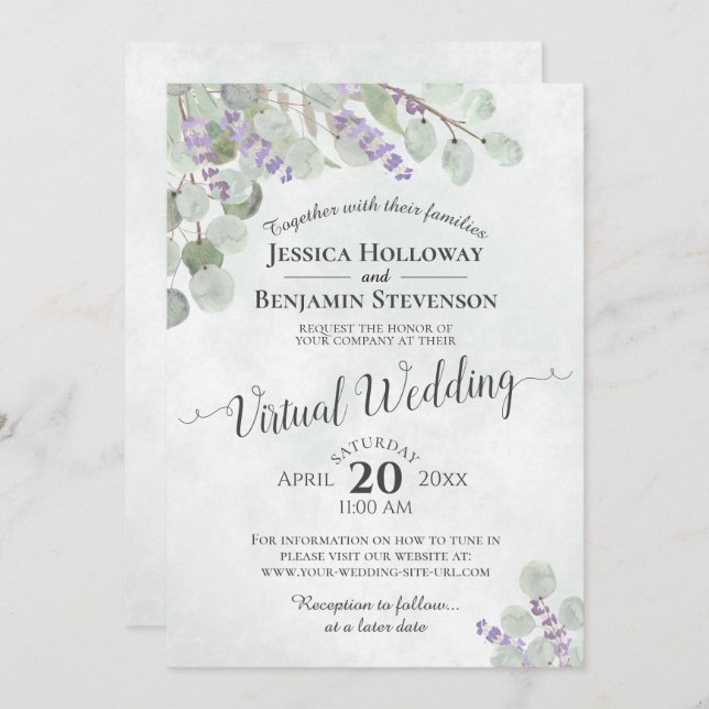 Eukalyptus Lavender & Greenery Virtual Wedding Einladung (Vorne/Hinten)