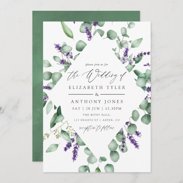 Eukalyptus Lavender Greenery Wedding Einladung (Vorne/Hinten)