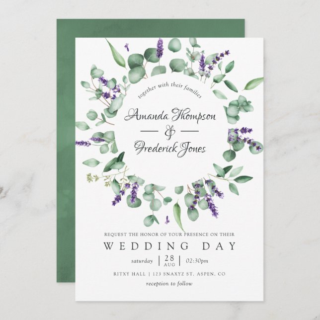 Eukalyptus Lavender Greenery Wedding Einladung (Vorne/Hinten)