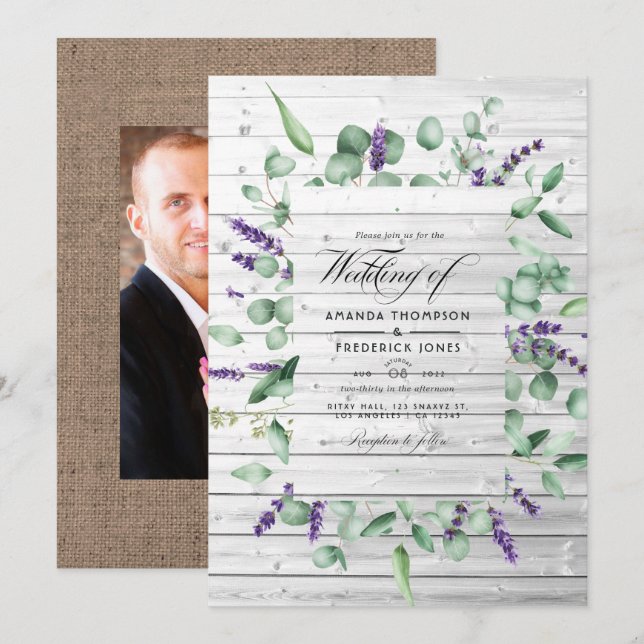 Eukalyptus Lavender Rustic Country Barding Wedding Einladung (Vorne/Hinten)