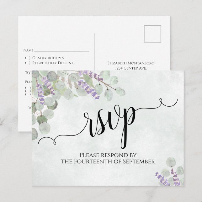 Eukalyptus & Lavender Wedding RSVP Postkarte (Vorne/Hinten)
