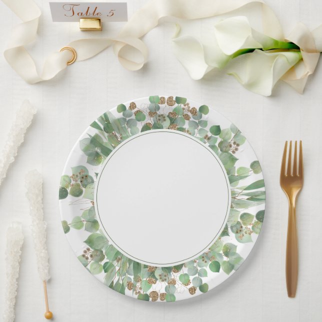 Eukalyptus Leaf Gold Glitzer Greenerity Wedding Pappteller (Hochzeit)