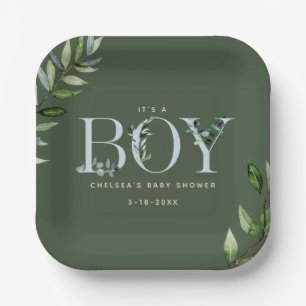 Eukalyptus Lettering Green Blue Boy Baby Dusche Pappteller