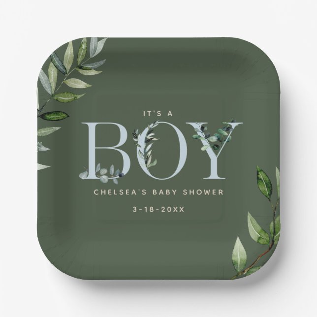 Eukalyptus Lettering Green Blue Boy Baby Dusche Pappteller (Vorderseite)