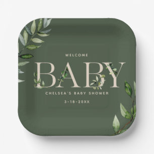 Eukalyptus Lettering grüne neutrale Babydusche Pappteller