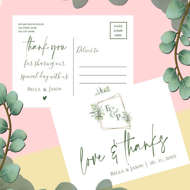 Eukalyptus Liebe Danke an Greenerity Wedding Viele Postkarte (Eucalyptus Love Thanks Greenery Wedding Thank You Postcard)