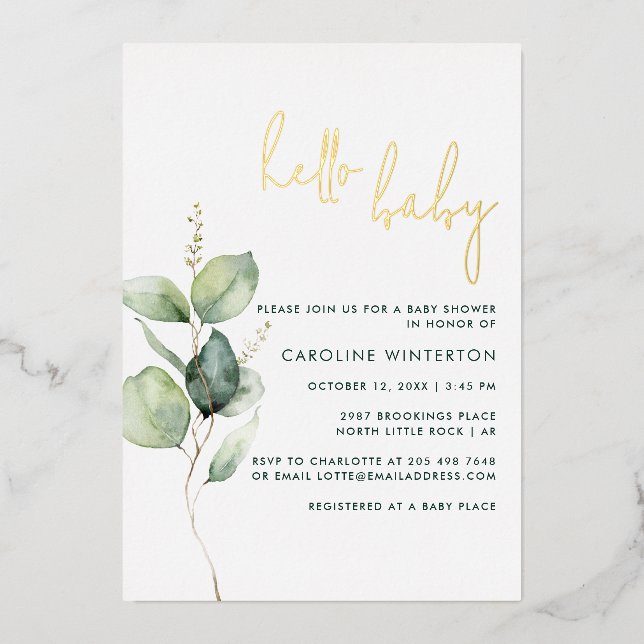 Eukalyptus Minimalistisch Botanical Girl Baby Shoo Folieneinladung (Vorderseite)