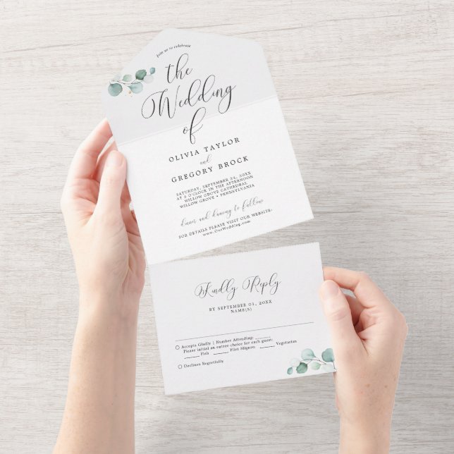 Eukalyptus Minimalistisch Calligrafy Wedding All In One Einladung (Abreißen)