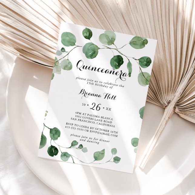 Eukalyptus Moderne Kalligrafie Quinceñera Einladung (Von Creator hochgeladen)