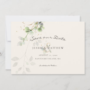 Eukalyptus moderner Wasserfarben Gold Wedding Ec Save The Date