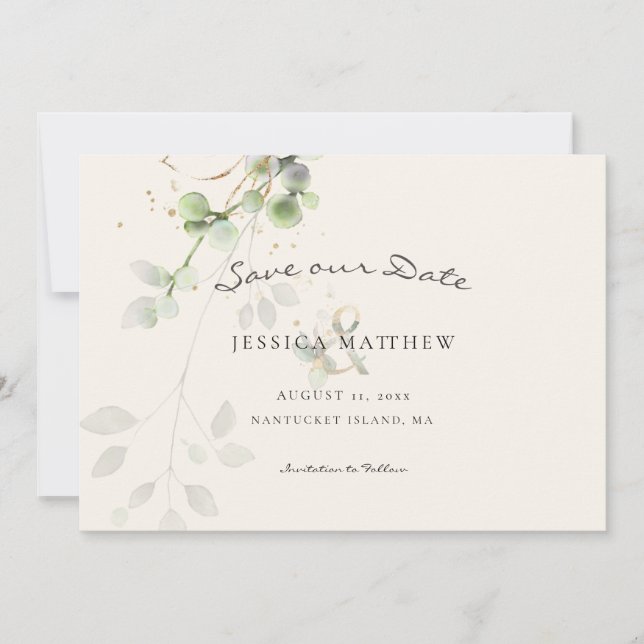Eukalyptus moderner Wasserfarben | Gold Wedding Ec Save The Date (Vorderseite)